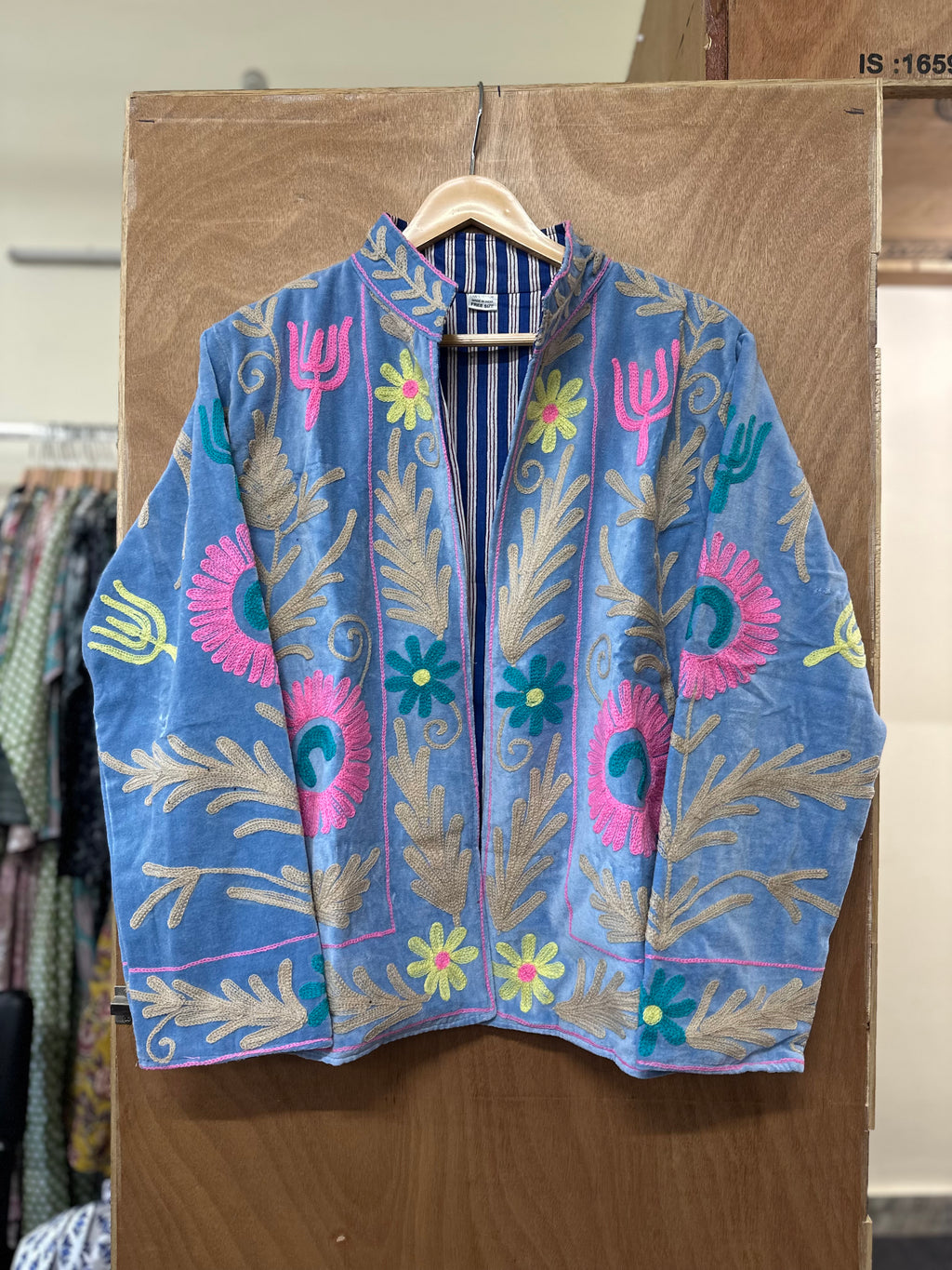 Powder Blue Embroidered Velvet Jacket