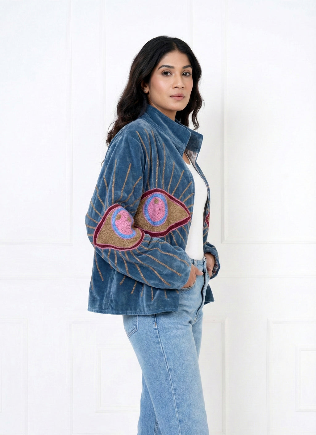 Evil Eye Motif Embroidered Velvet Jacket