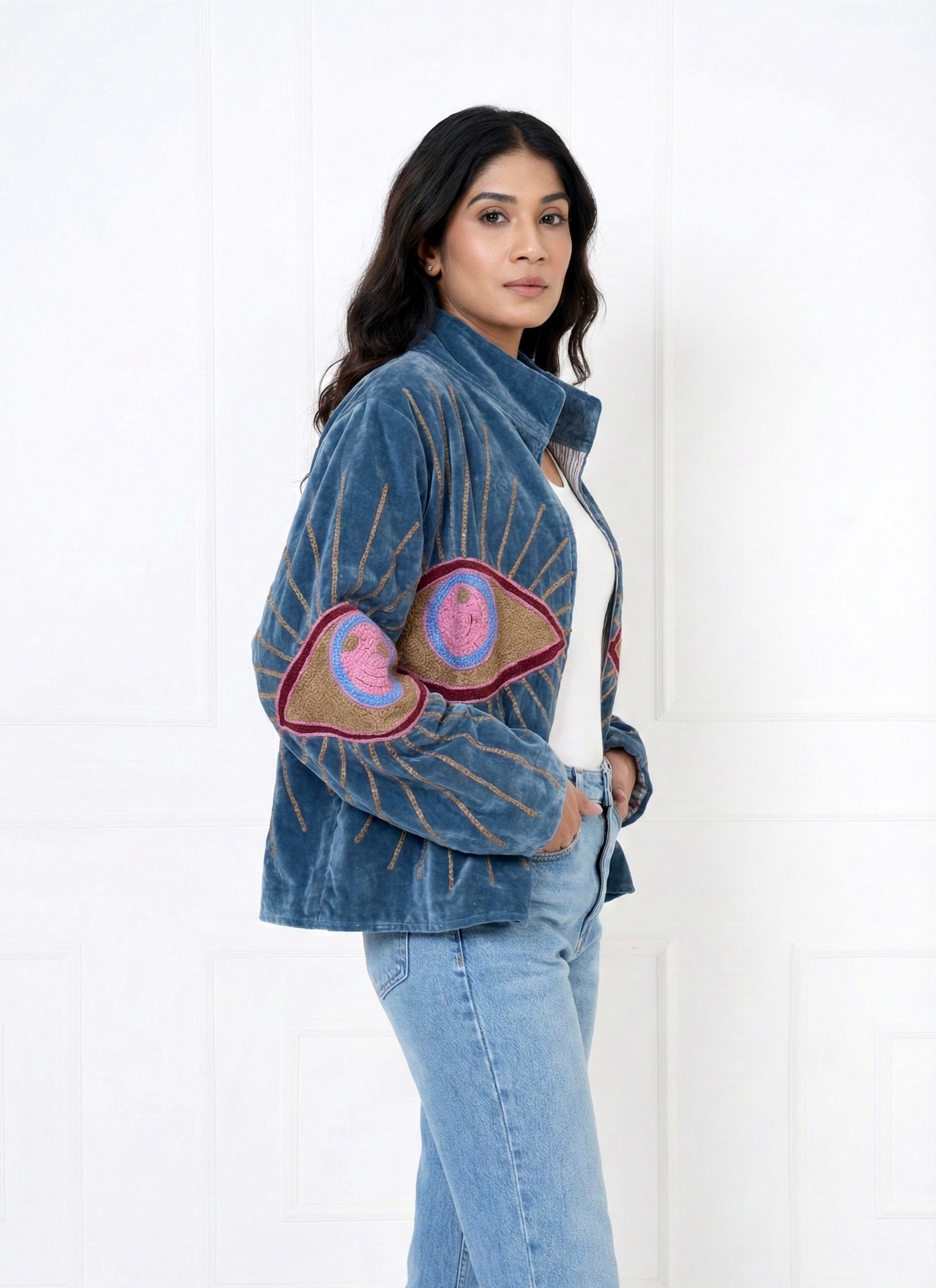 Evil Eye Motif Embroidered Velvet Jacket