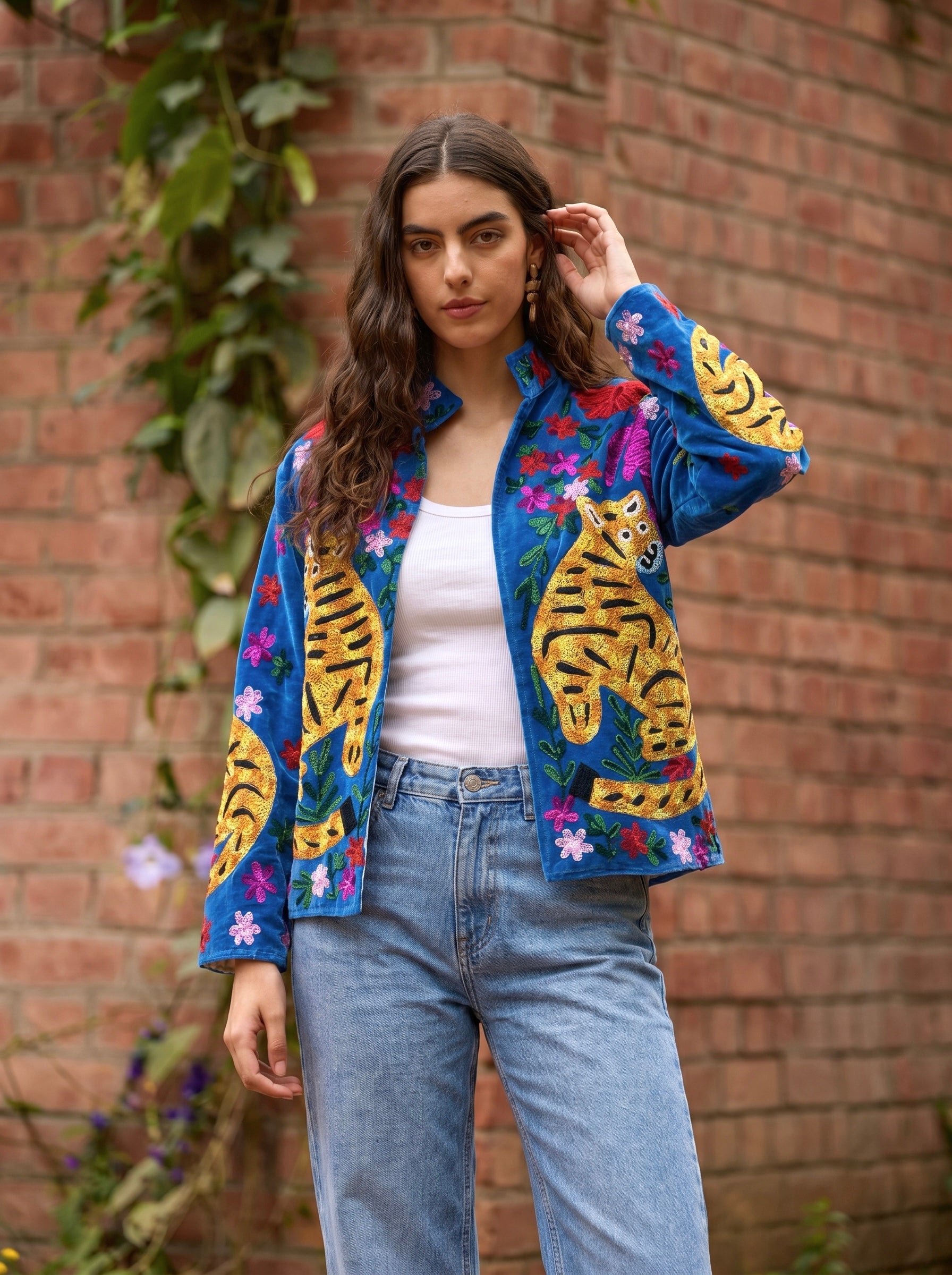 Blue Tiger Garden Embroidered Statement Jacket