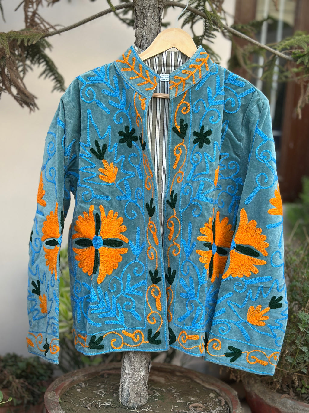 Azure Bloom Embroidered Velvet Jacket