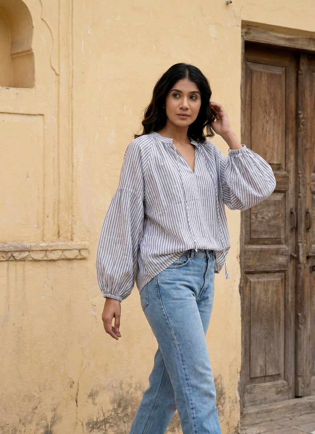 Soft Grey Stripe Relaxed Fit Cotton Top