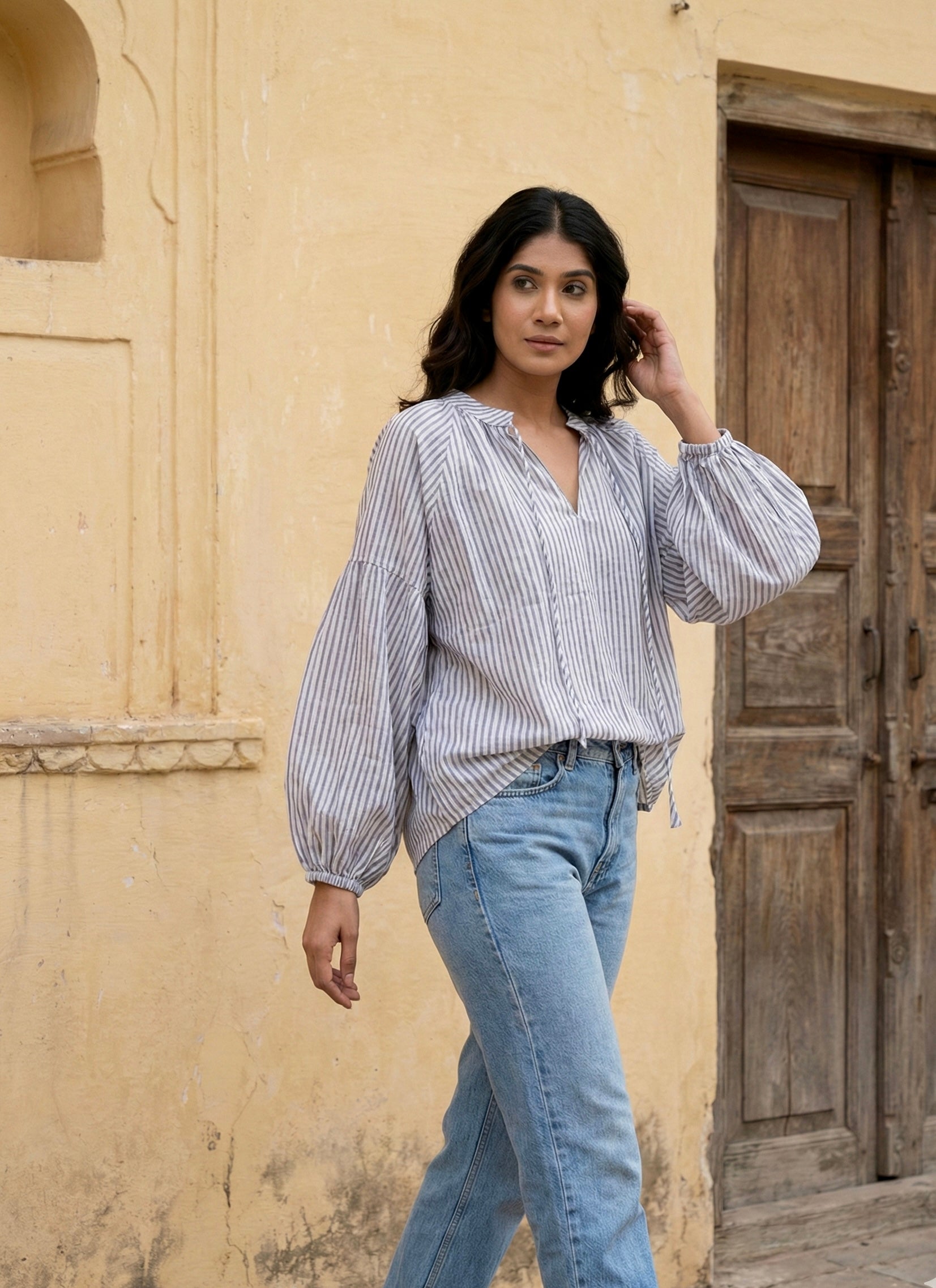 Soft Grey Stripe Relaxed Fit Cotton Top