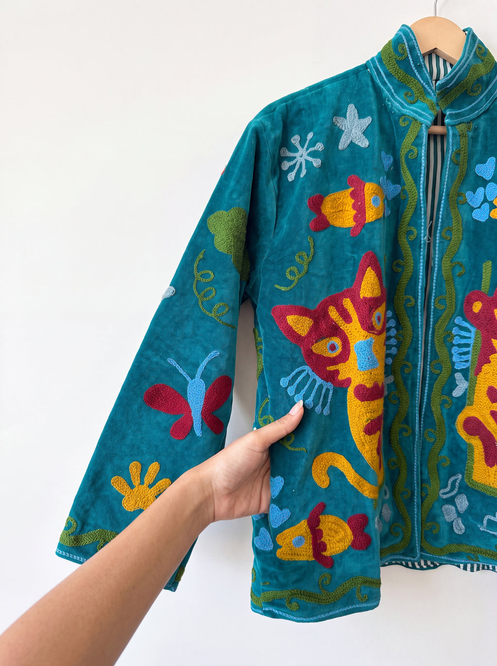 Teal Meow Embroidered Velvet Suzani Jacket