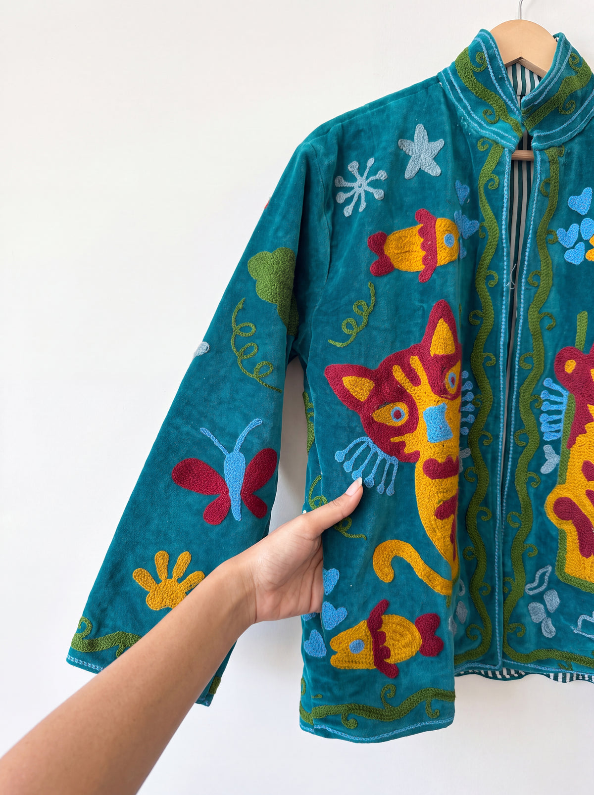 Teal Meow Embroidered Velvet Suzani Jacket