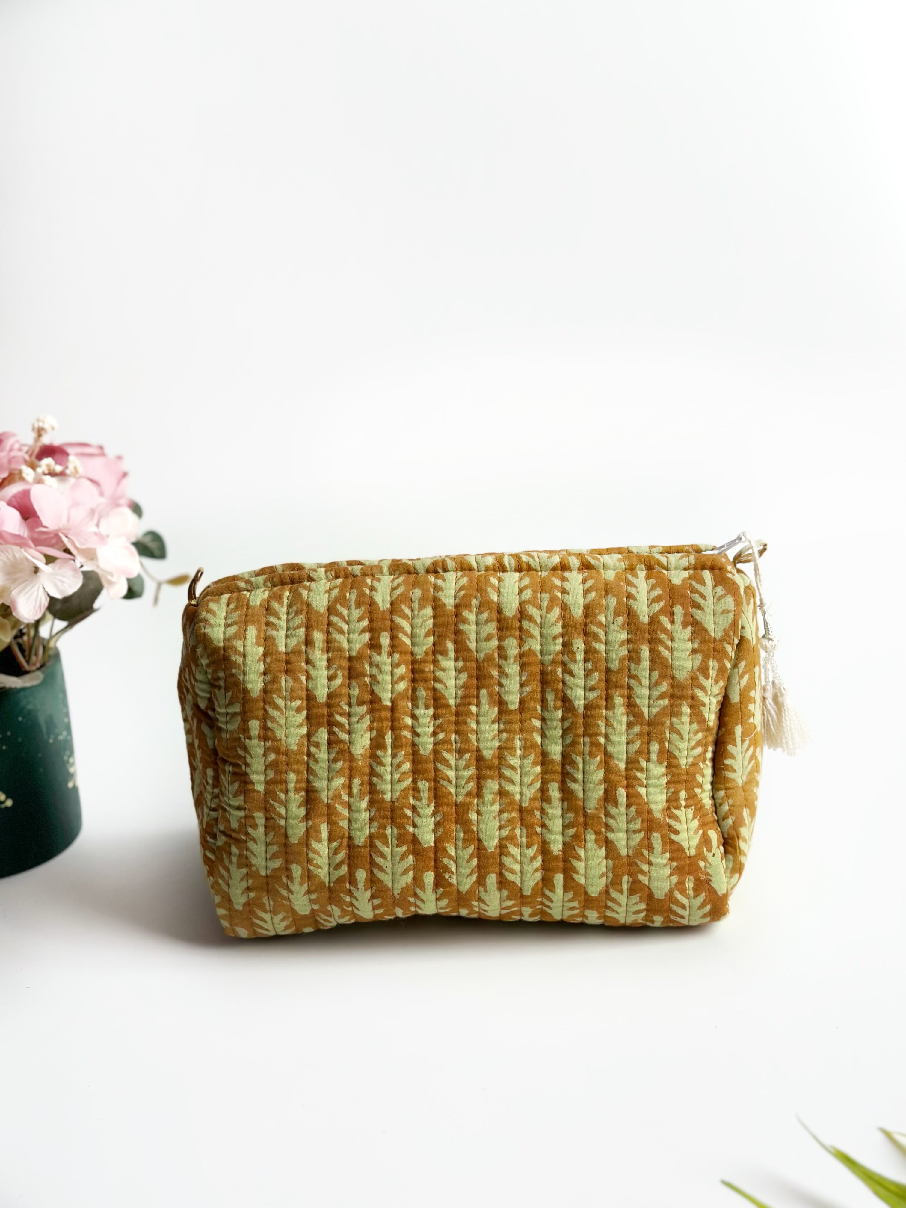 Golden Leaf Quilted Cosmetic Bag Set of 3