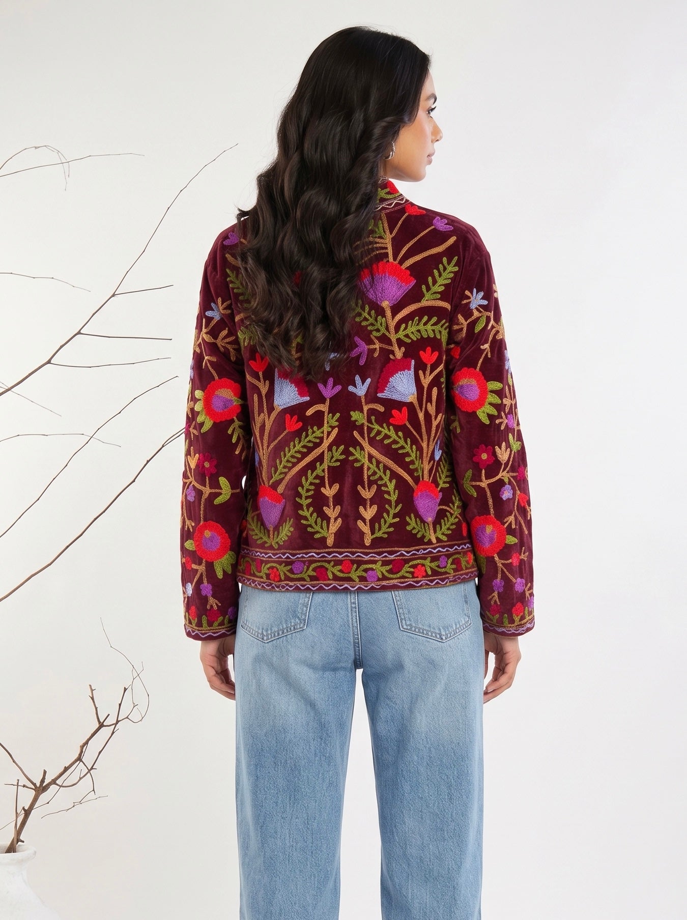 Burgundy Velvet Colorful Floral Vine Jacket