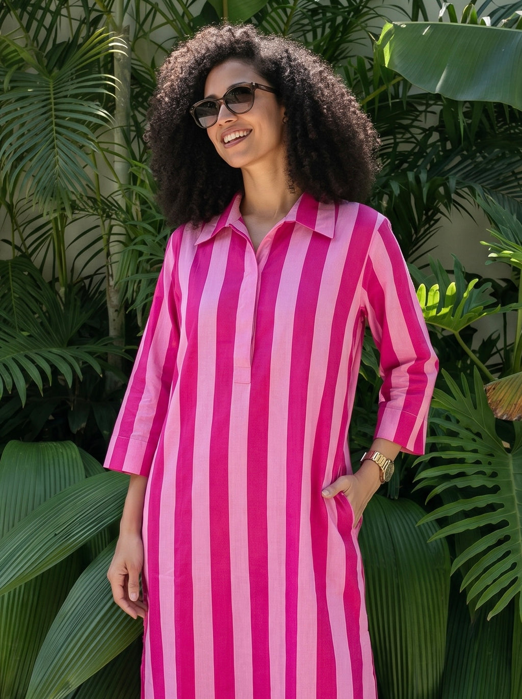 Candy Pink Striped Cotton Shirt Dress