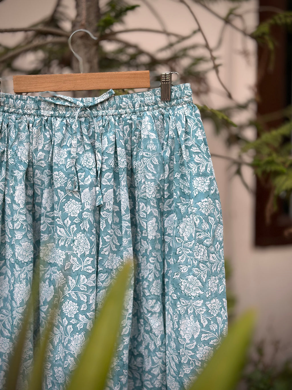 Teal Vine Block Print Cotton Skirt