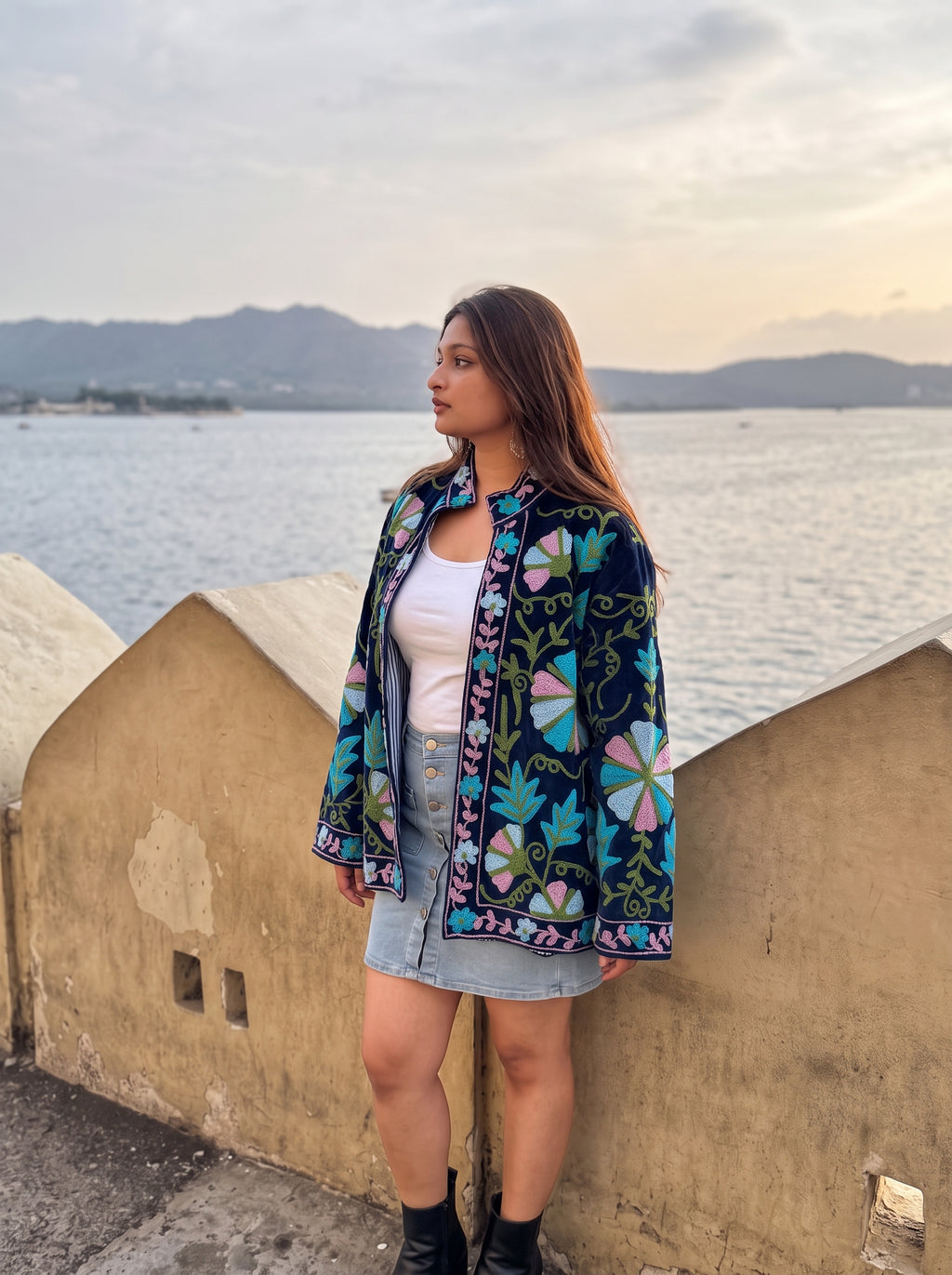 Navy Botanical Embroidered Velvet Suzani Jacket