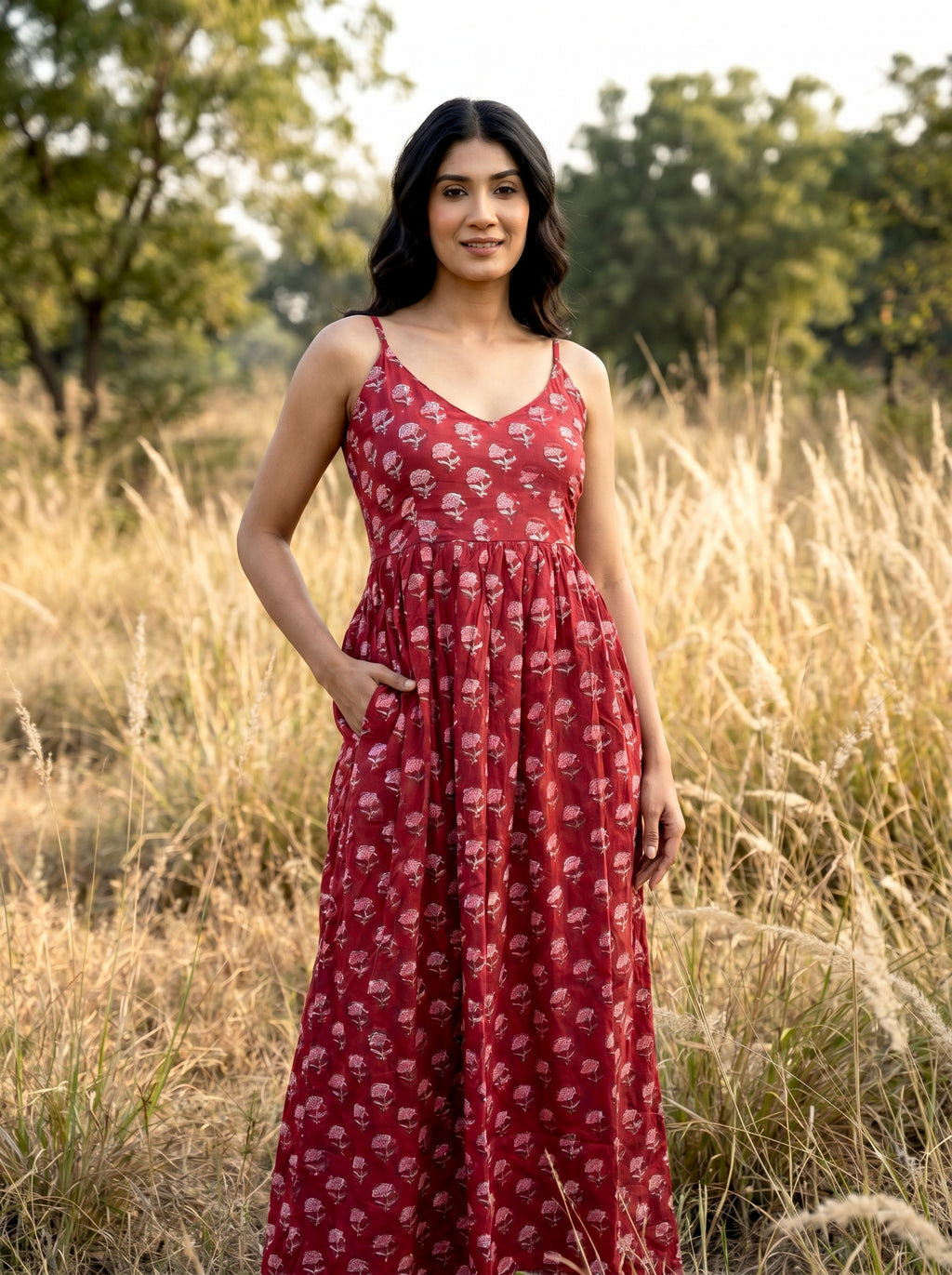 Crimson Bloom Sleeveless Maxi Dress