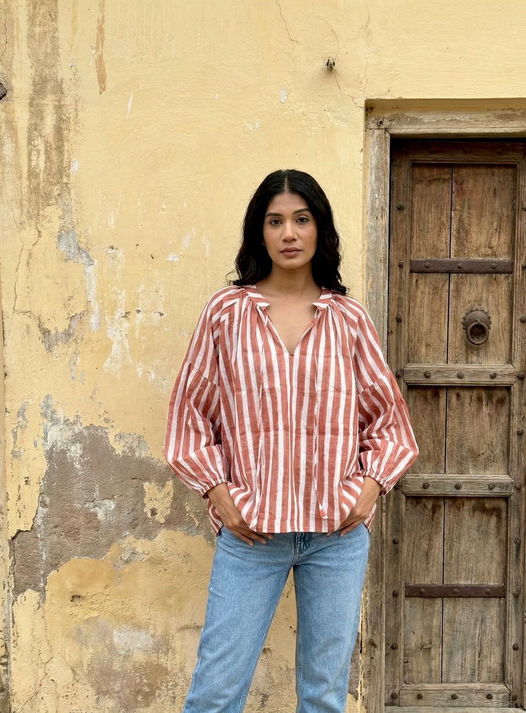 Rust Pink Striped Cotton V-Neck Top with Balloon Sleeves