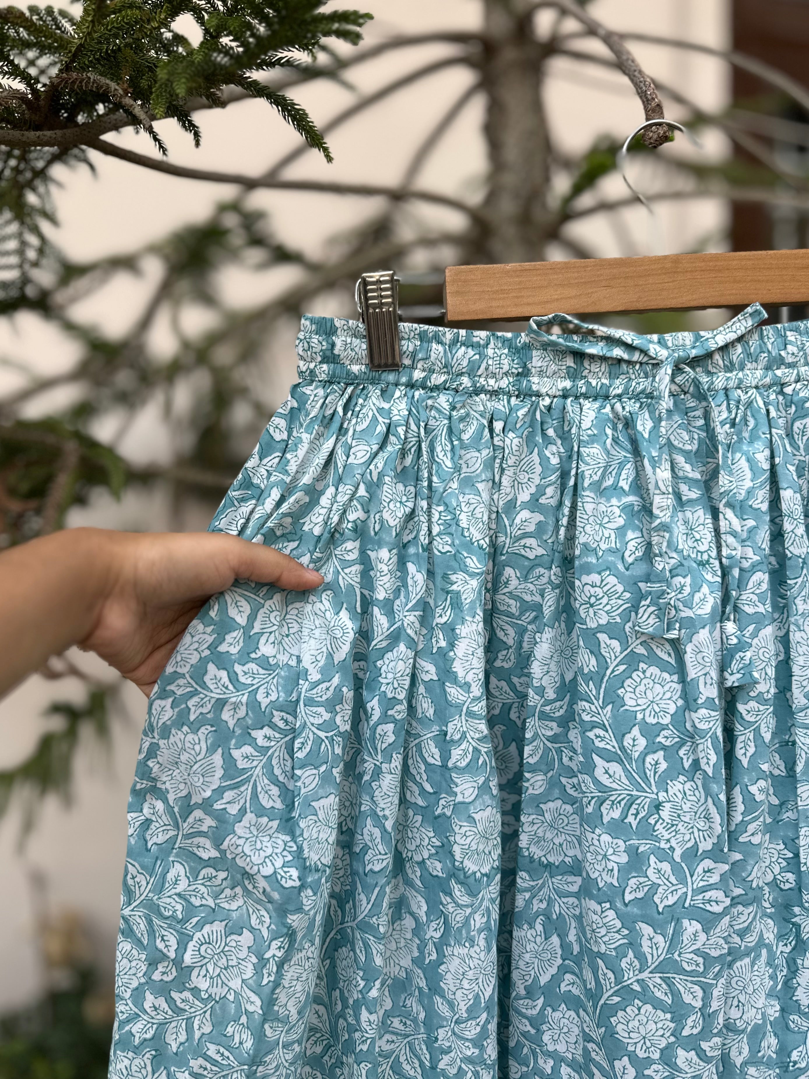 Teal Vine Block Print Cotton Skirt