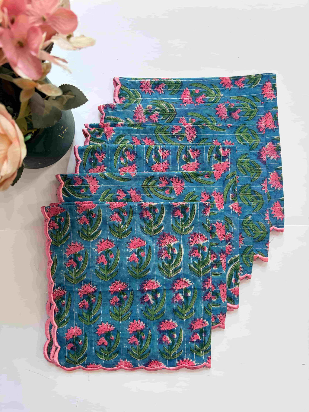 Pink Floral Block Print Cotton Scalloped Edges