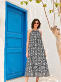 Midnight Bloom Cotton Halter Maxi Dress