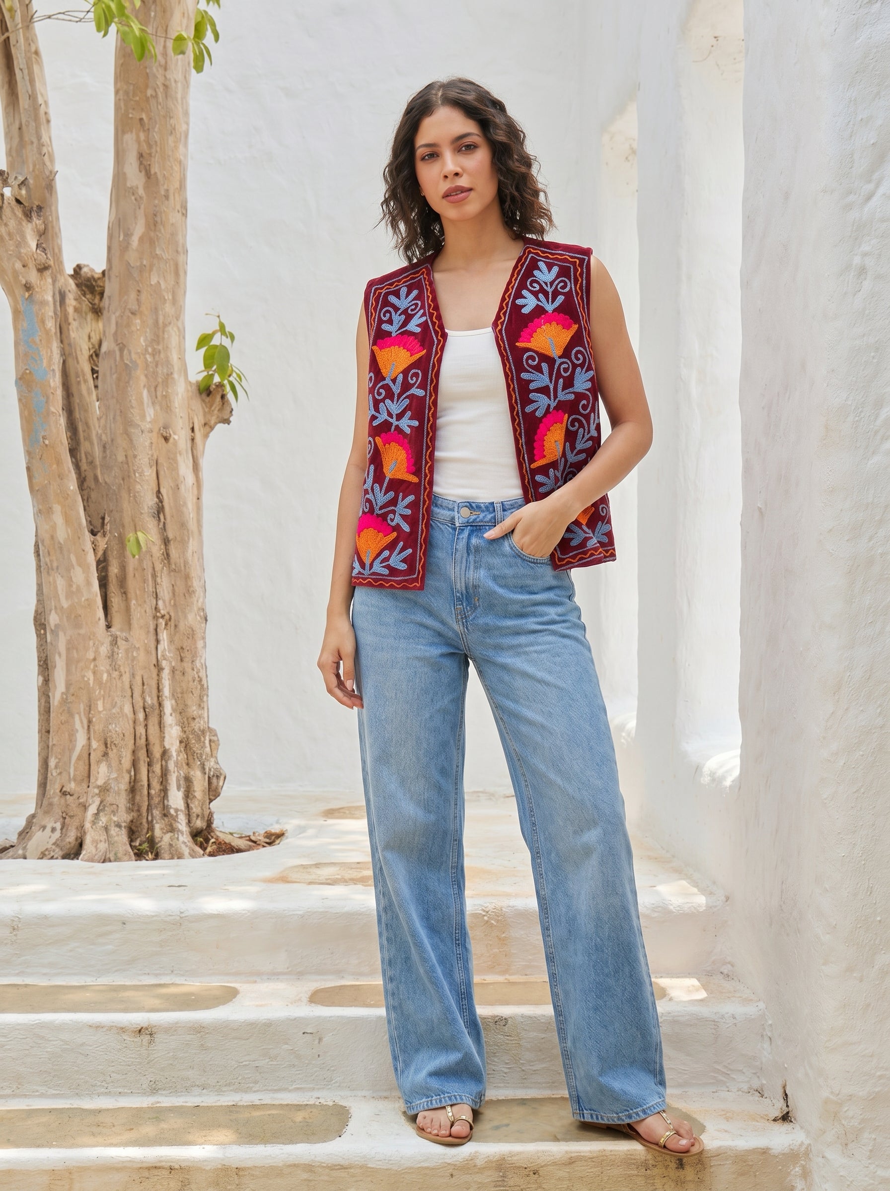 Red Sunset Bloom Embroidered Velvet Vest