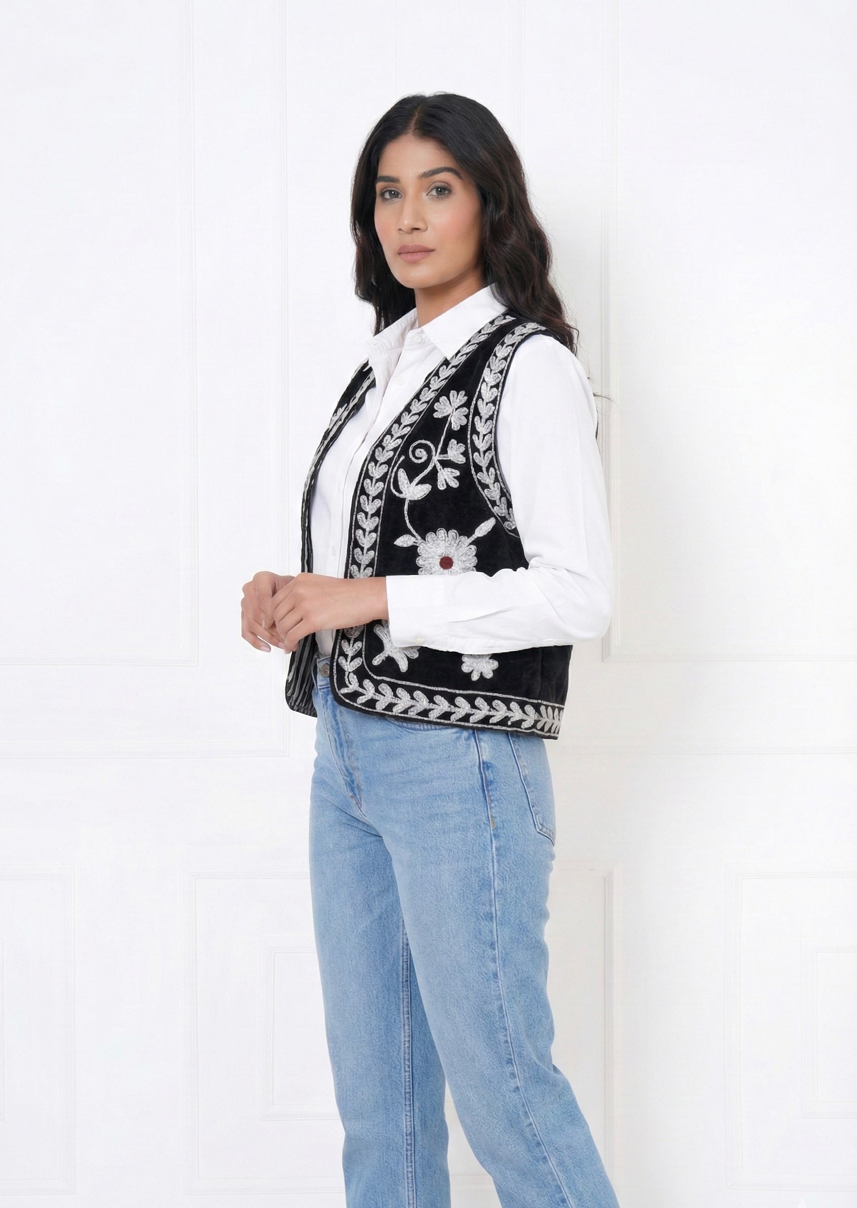 Black Premium Suzani Velvet Vest