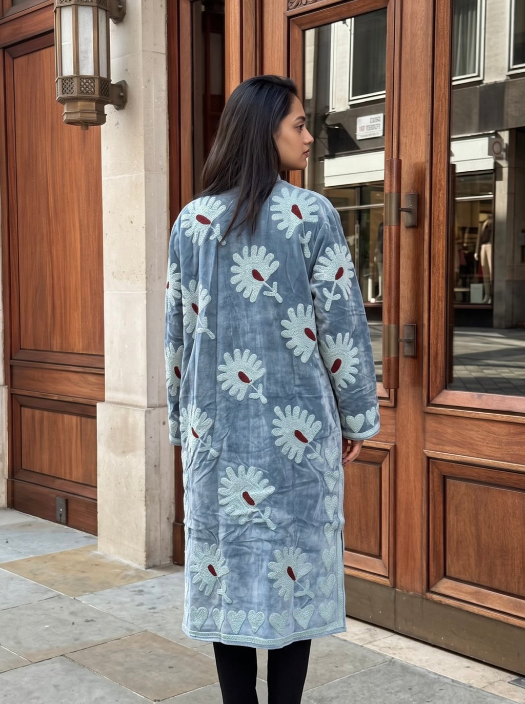 Powder Blue Suzani Velvet Long Jacket