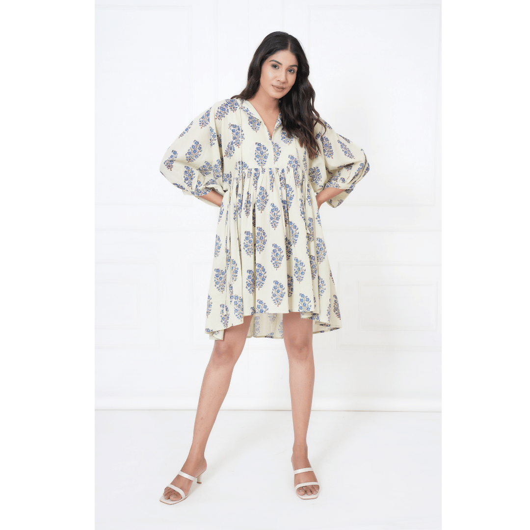 Floral And Leaf Hand-Block Print Cotton Mini Doi Dress