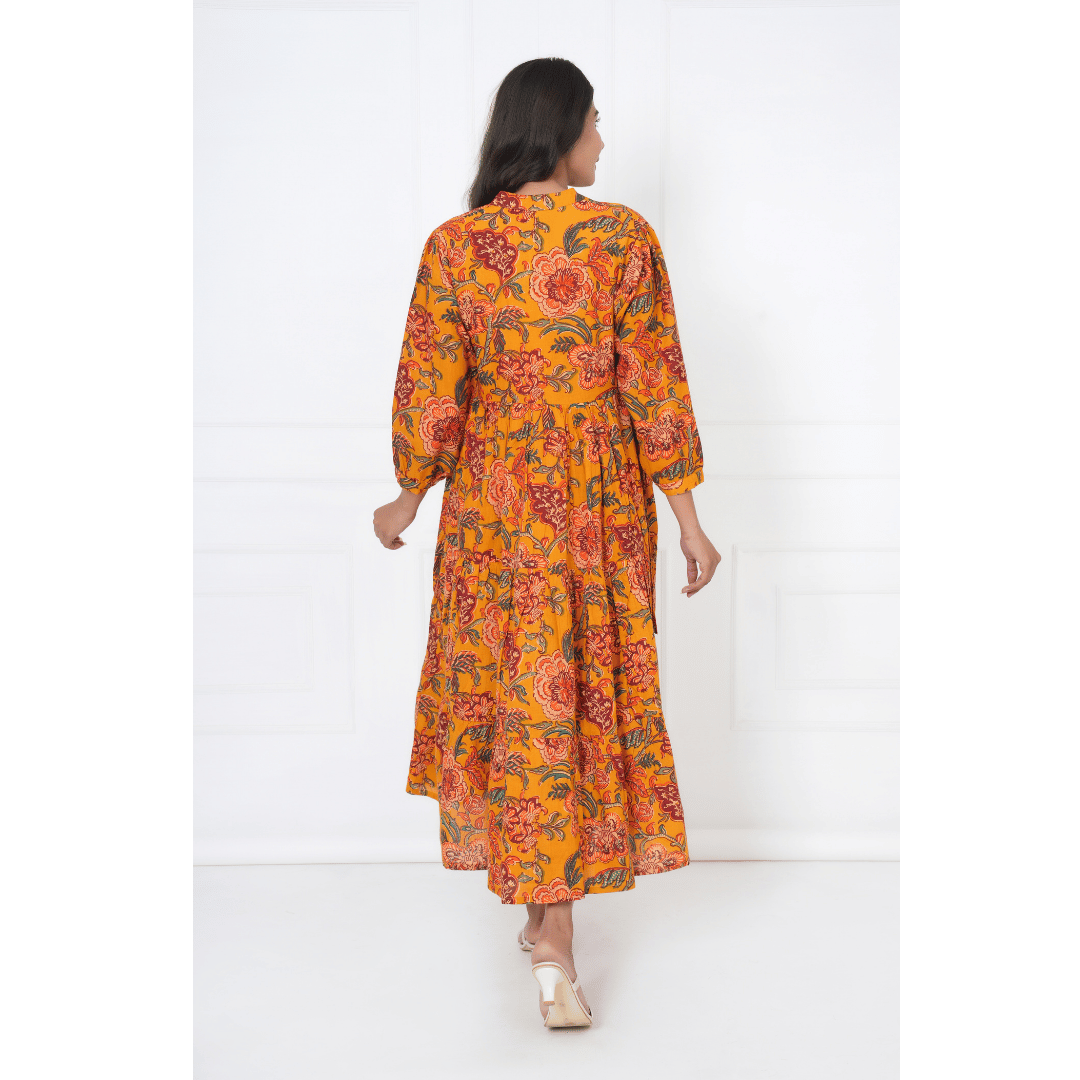 Mustard Floral Block Print Maxi Anokhi Dress