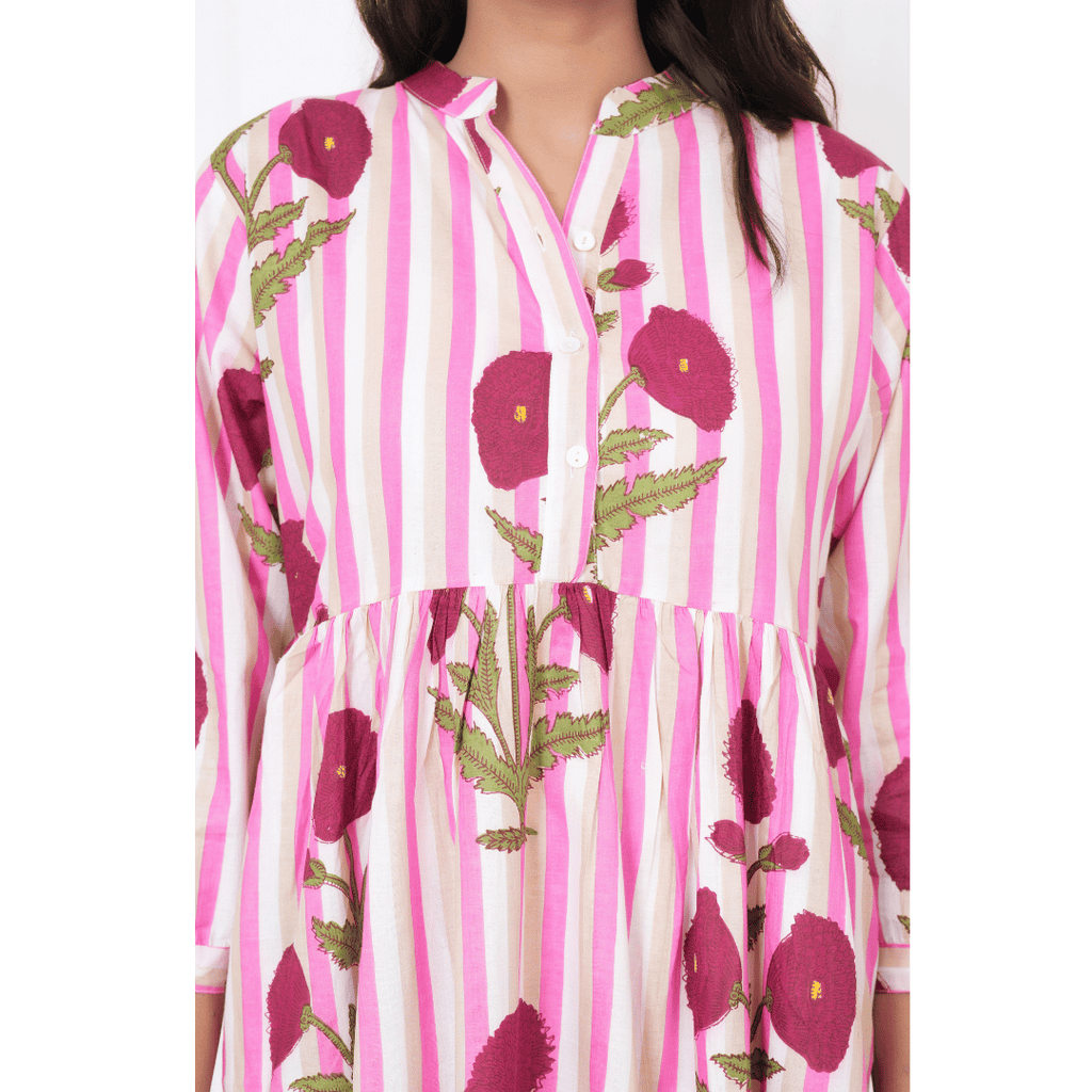 Pink White Stripe Print Maxi Anokhi Dress