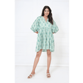White Green Stripe Hand-Block Print Cotton Mini Doi Dress