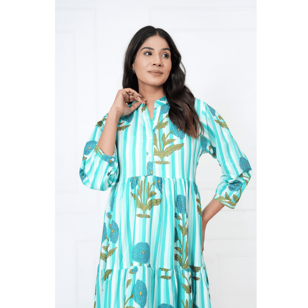 Turquoise Blue Print Maxi Anokhi Dress