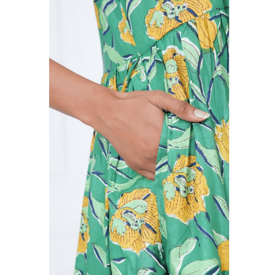 Aqua Garden Hand Block Print Maxi Anokhi Dress