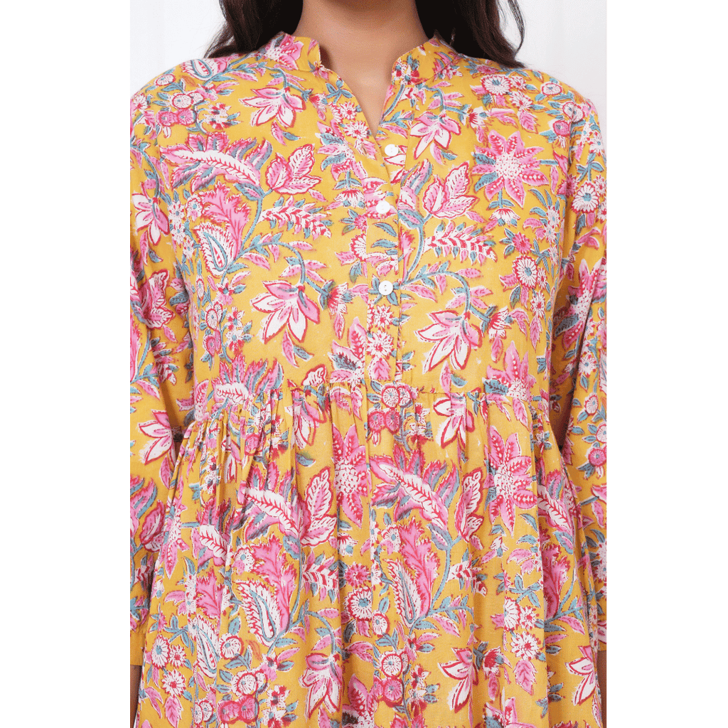Yellow Floral Block Print Maxi Anokhi Dress