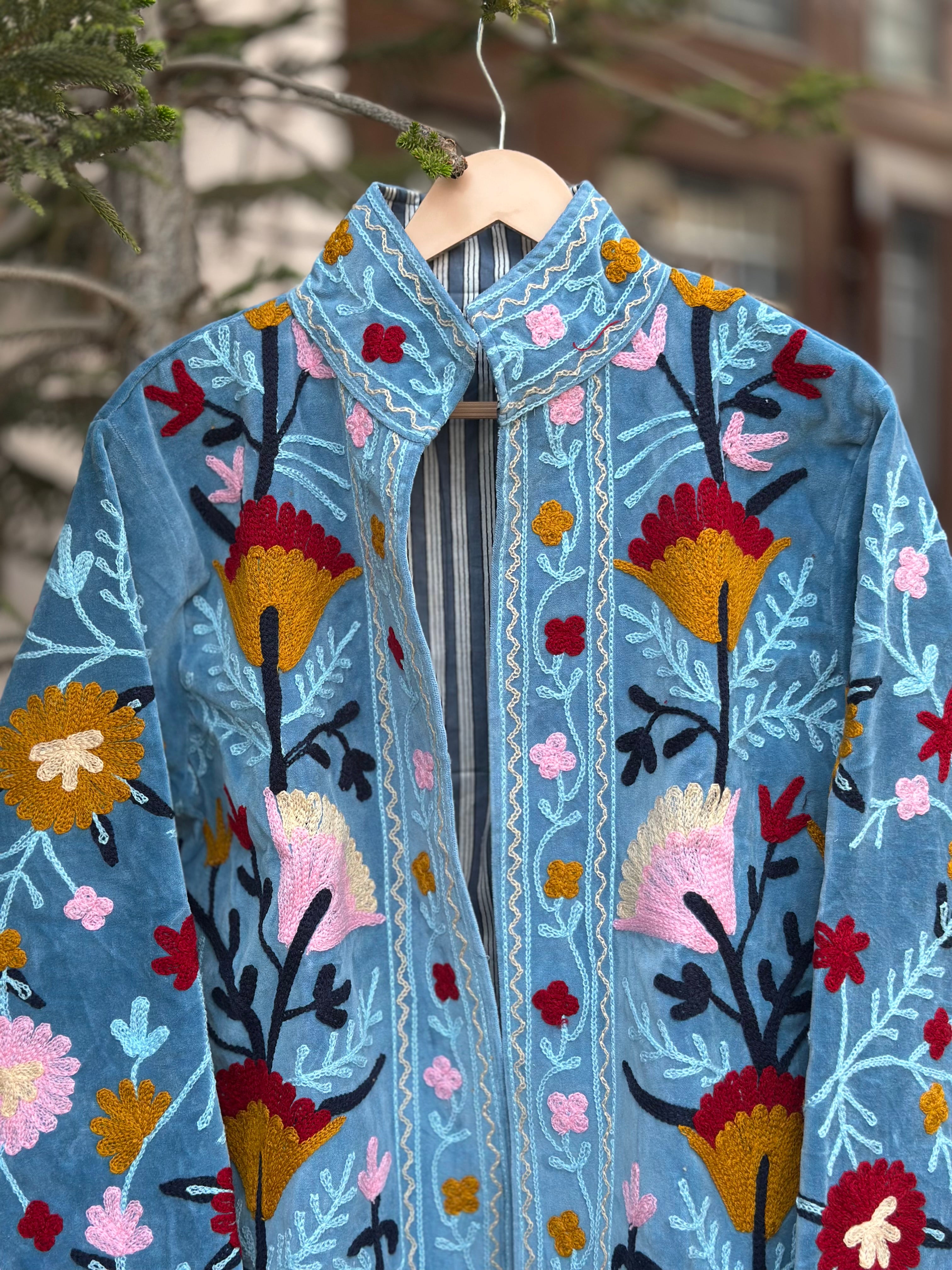 Sky Bloom Embroidered Velvet Jacket