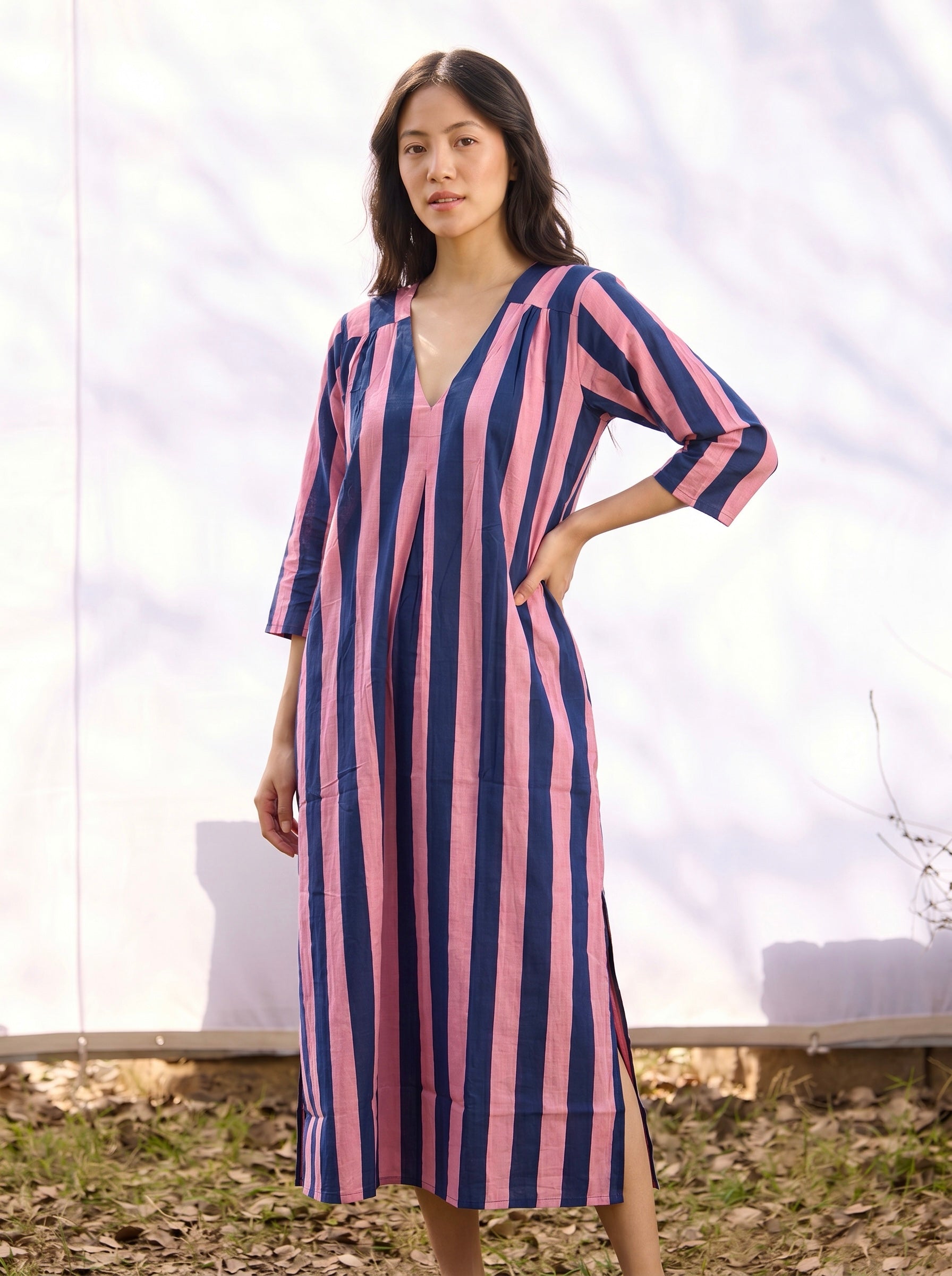 Pink & Navy Stripe Cotton kurta Dress