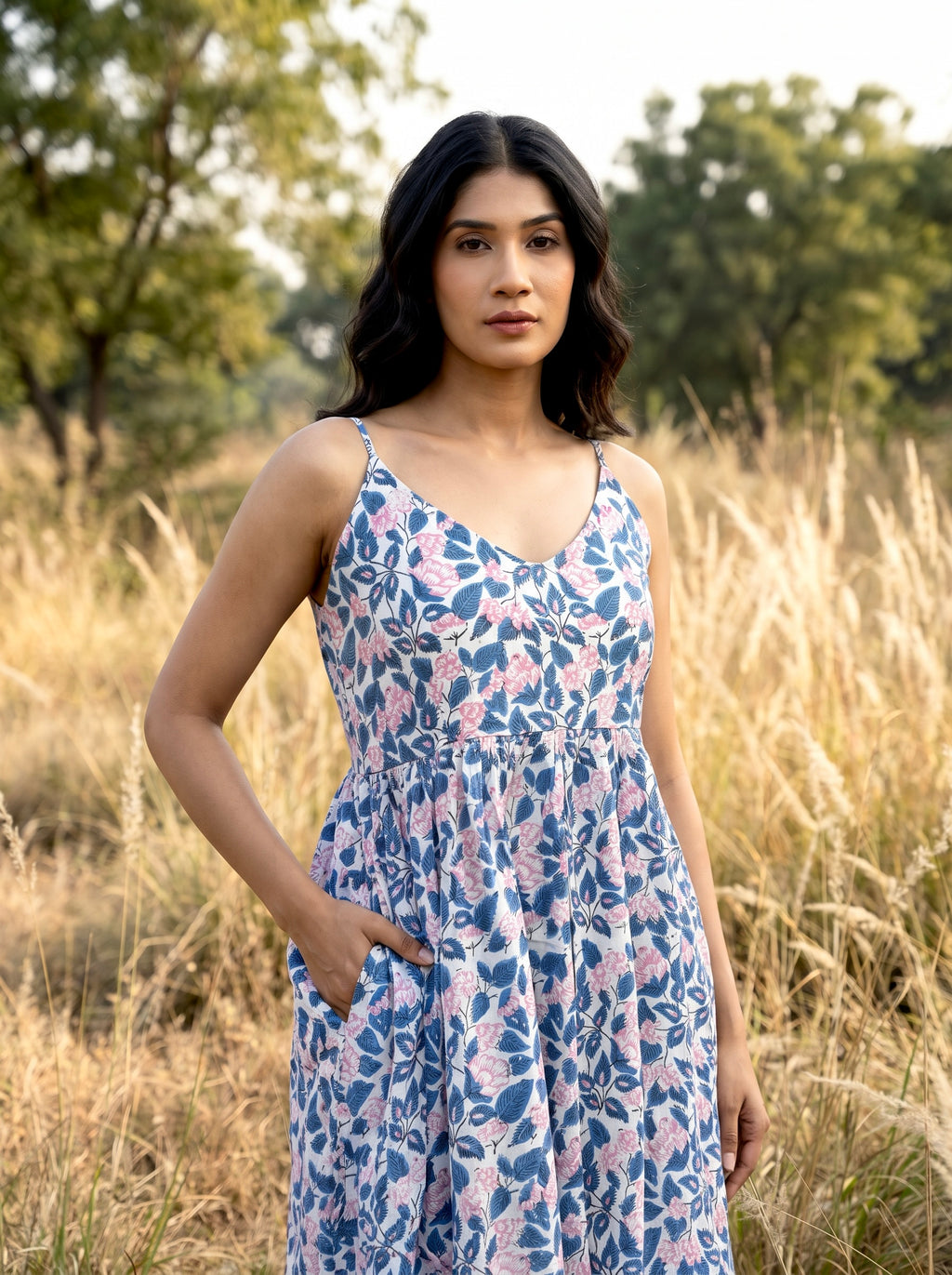 Blue Meadow Floral Cotton Maxi Dress