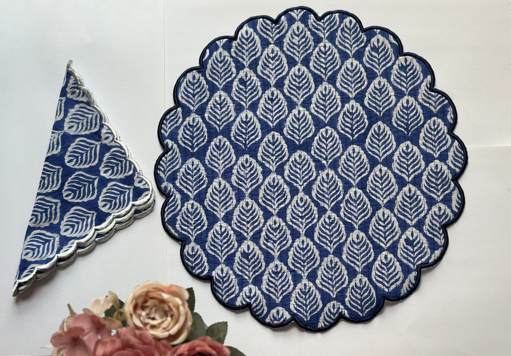 Indigo Leaf Quilted Placemats & Napkin Set of 6