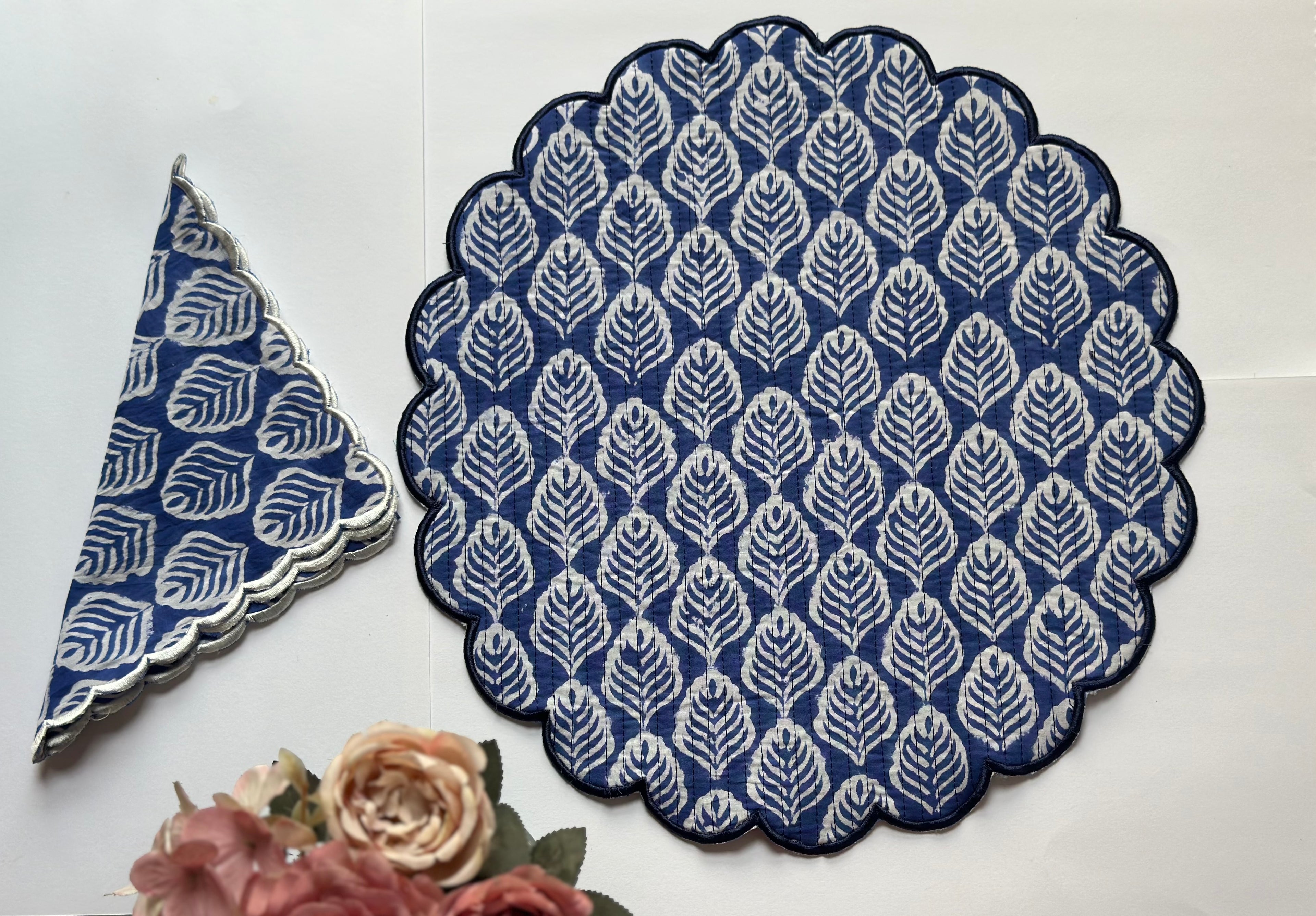 Indigo Leaf Quilted Placemats & Napkin Set of 6