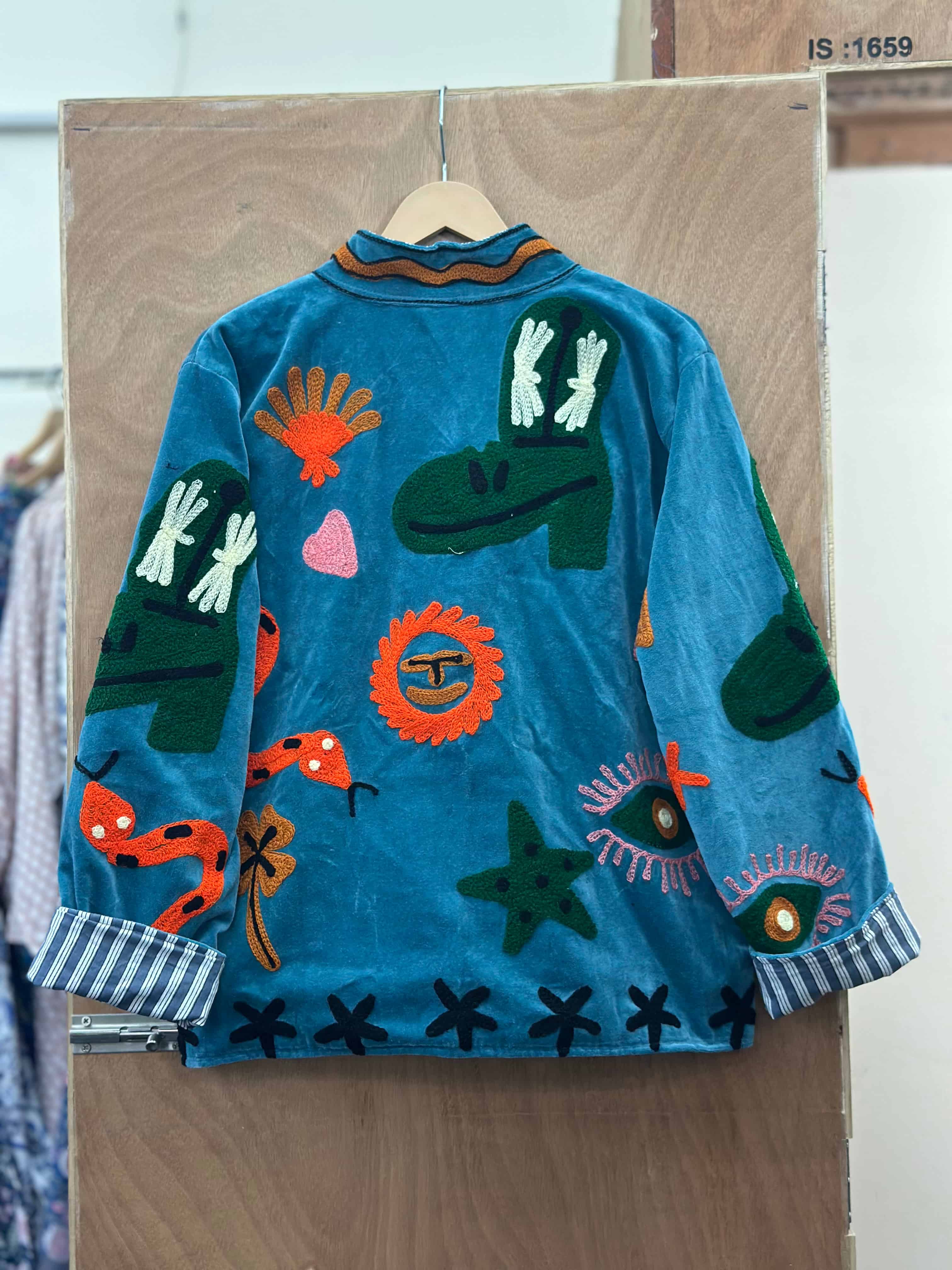 Teal Velvet Embroidered Statement Jacket