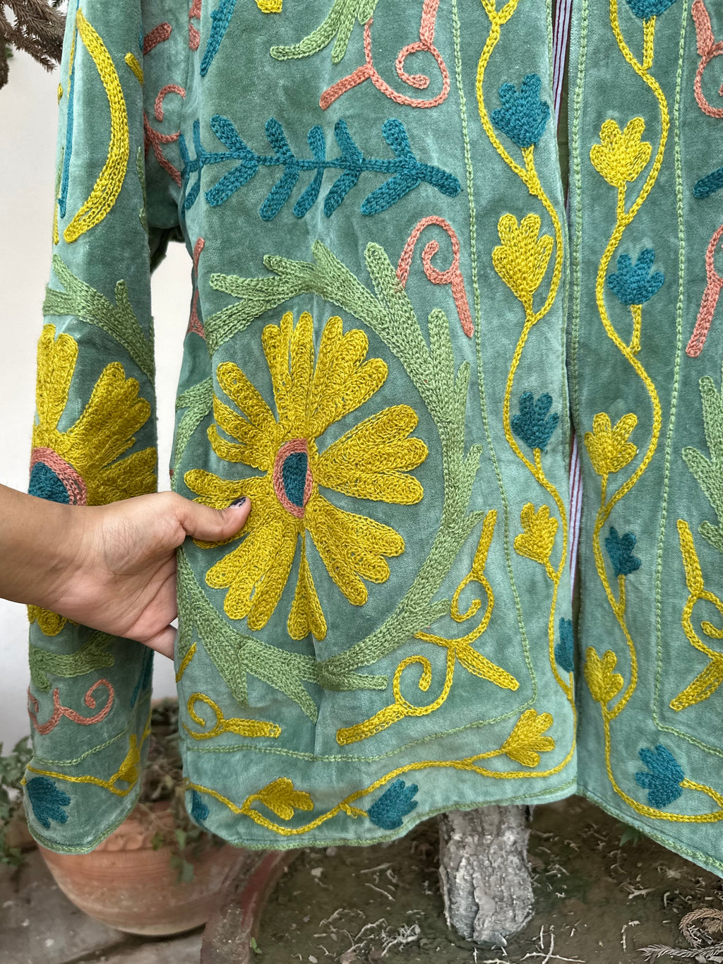 Sage Green Floral Embroidered Velvet Jacket
