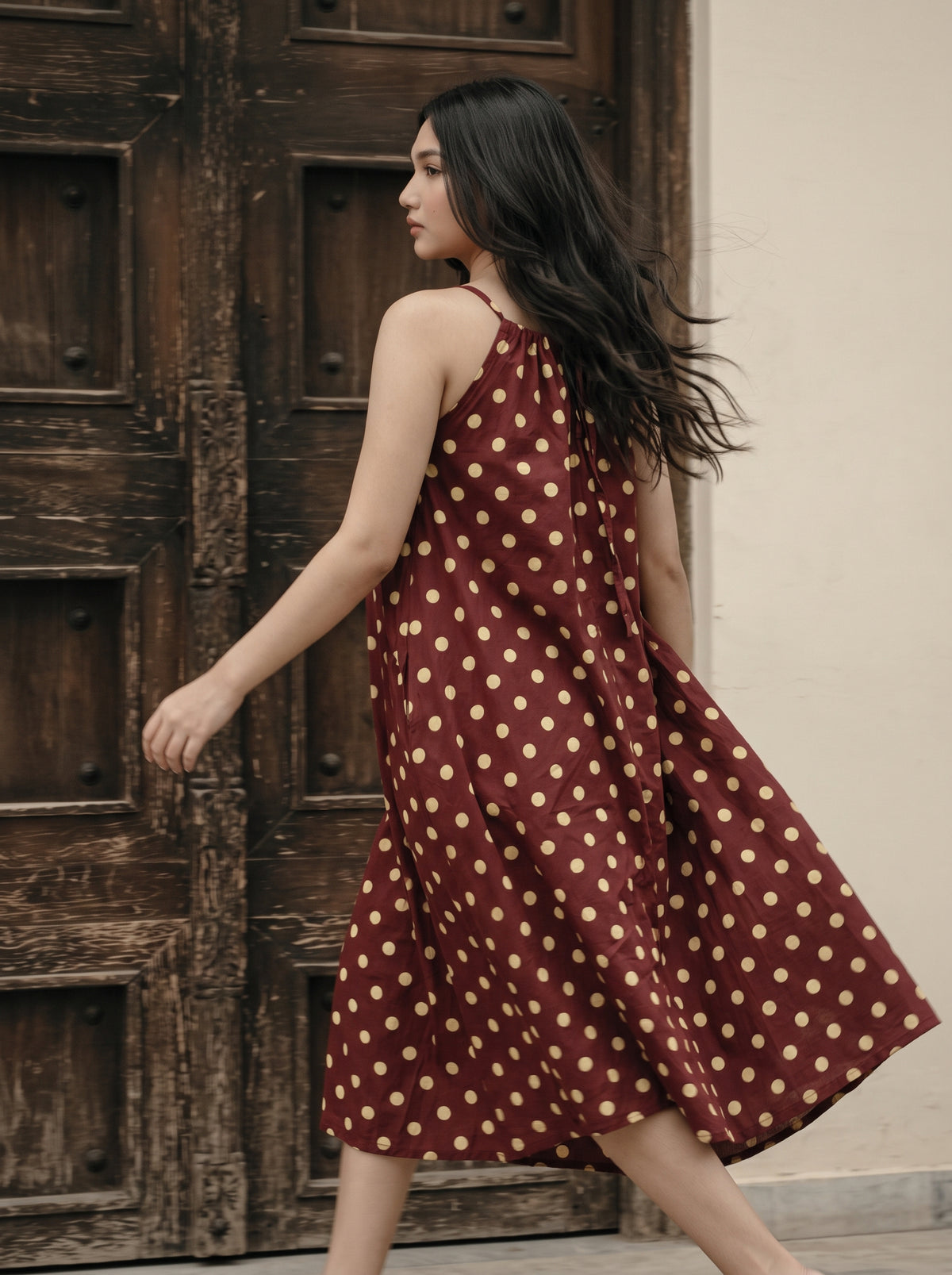 Maroon Polka Dot Cotton Midi Dress