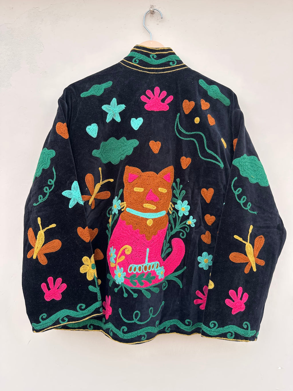 Meow Black Velvet Embroidered Jacket