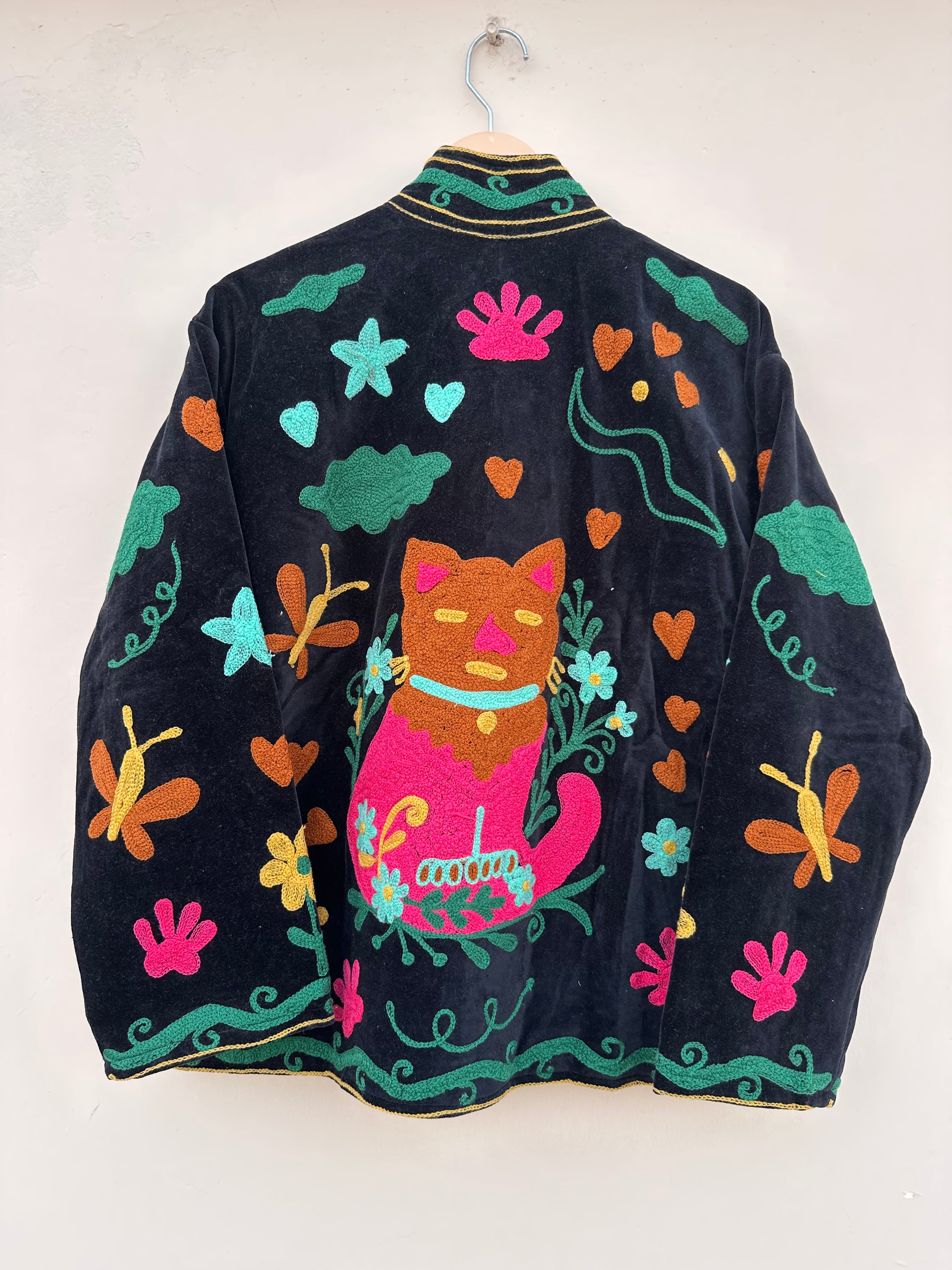 Meow Black Velvet Embroidered Jacket