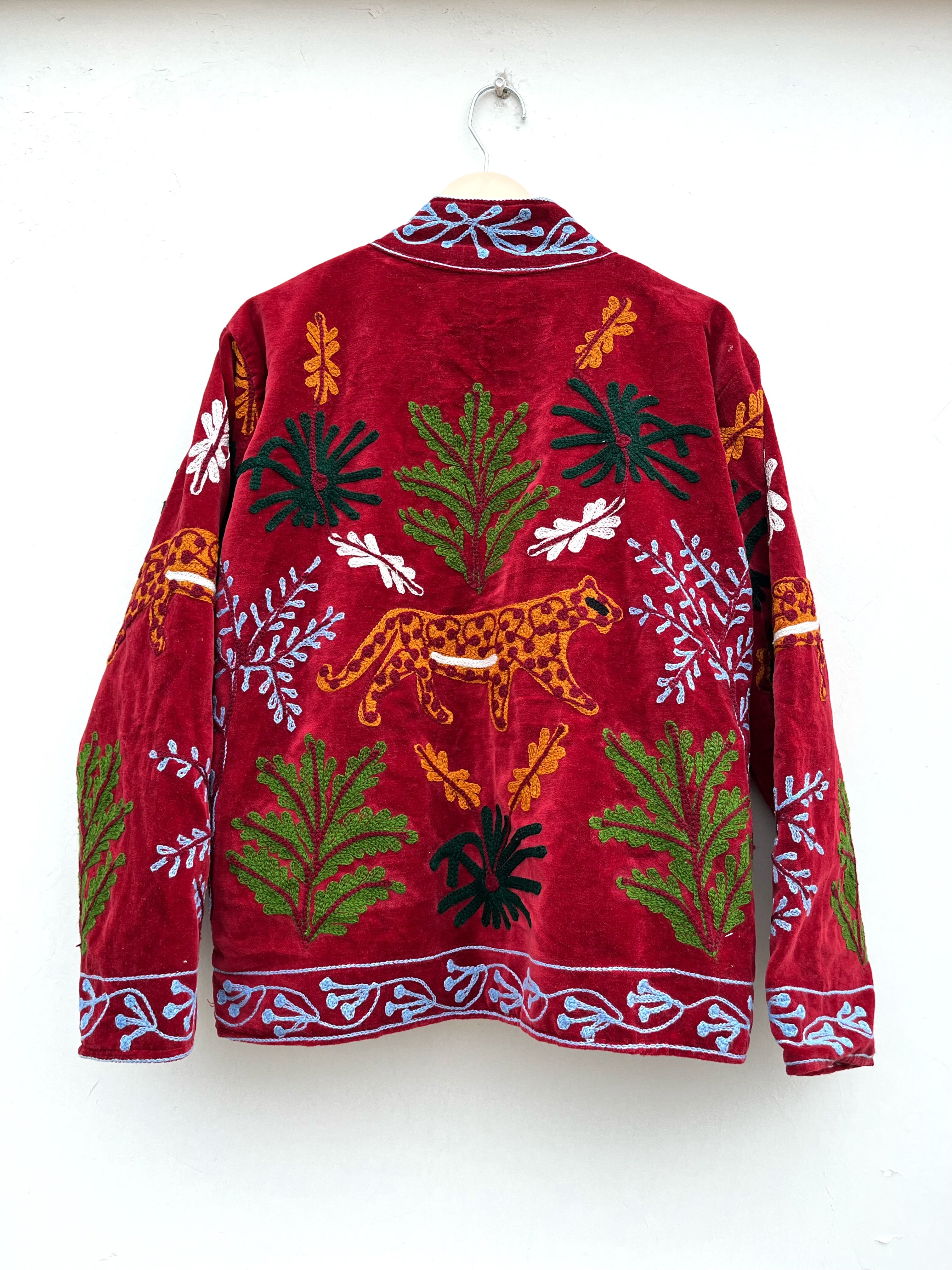Burgundy Leopard Embroidered Velvet Jacket