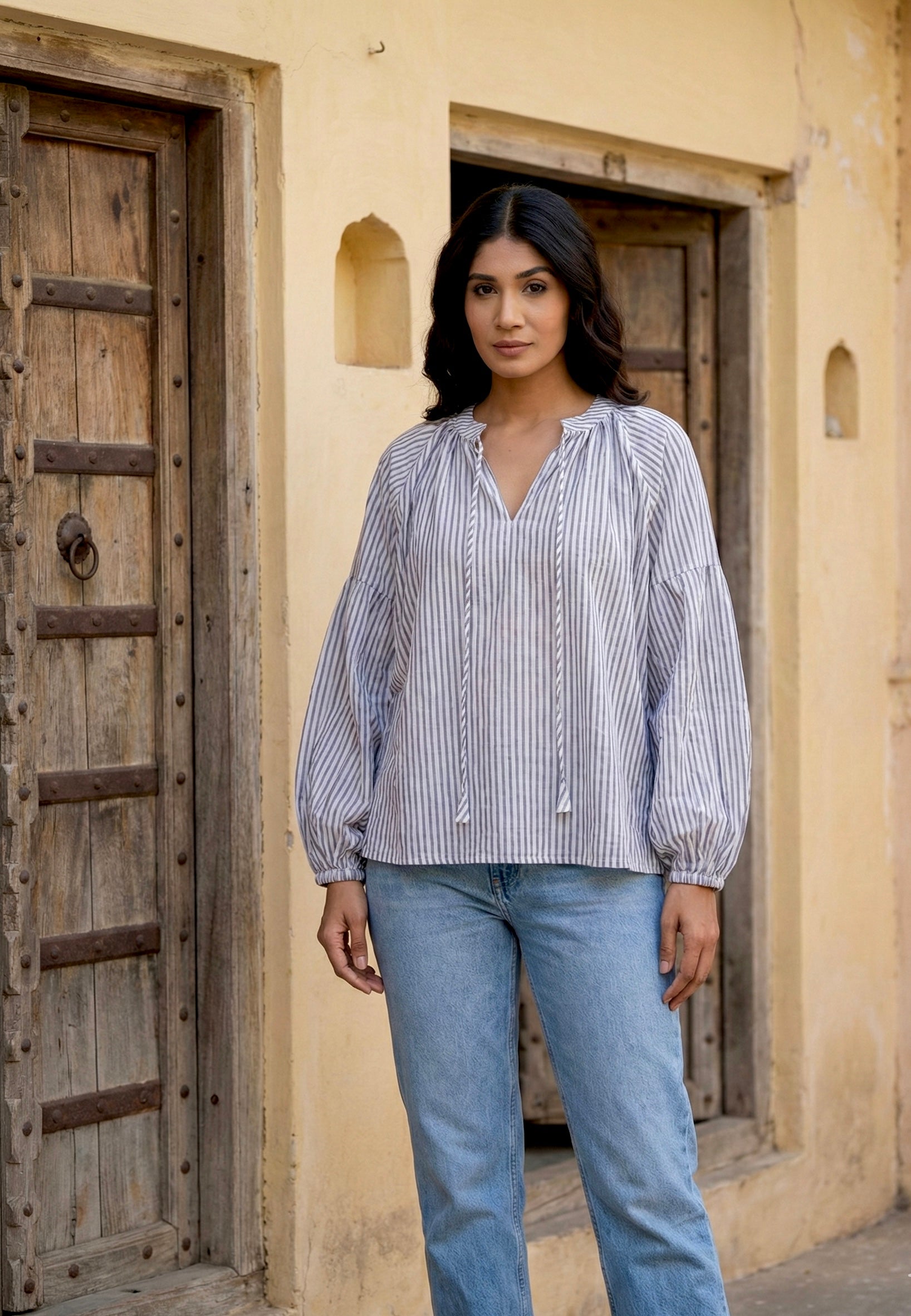 Soft Grey Stripe Relaxed Fit Cotton Top