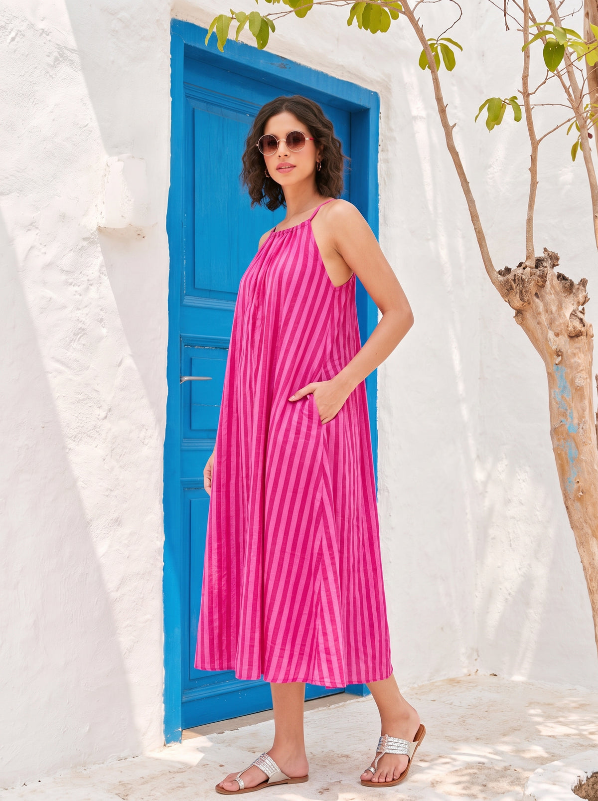 Pink Striped Cotton Halter Midi Dress