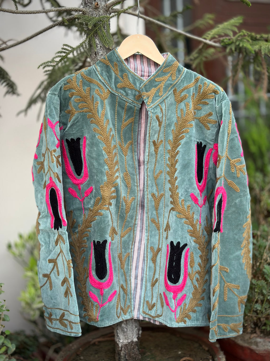Green Velvet Jacket with Pink and Black Tulip Embroidery