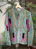 Green Velvet Jacket with Pink and Black Tulip Embroidery