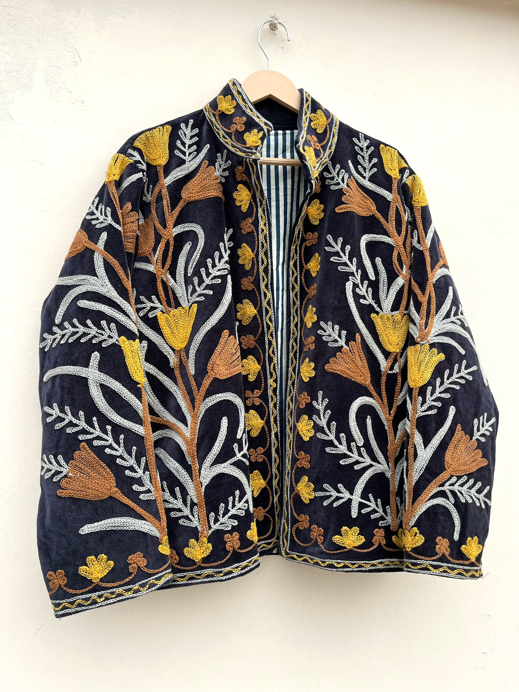 Navy Botanical Embroidered Velvet Jacket