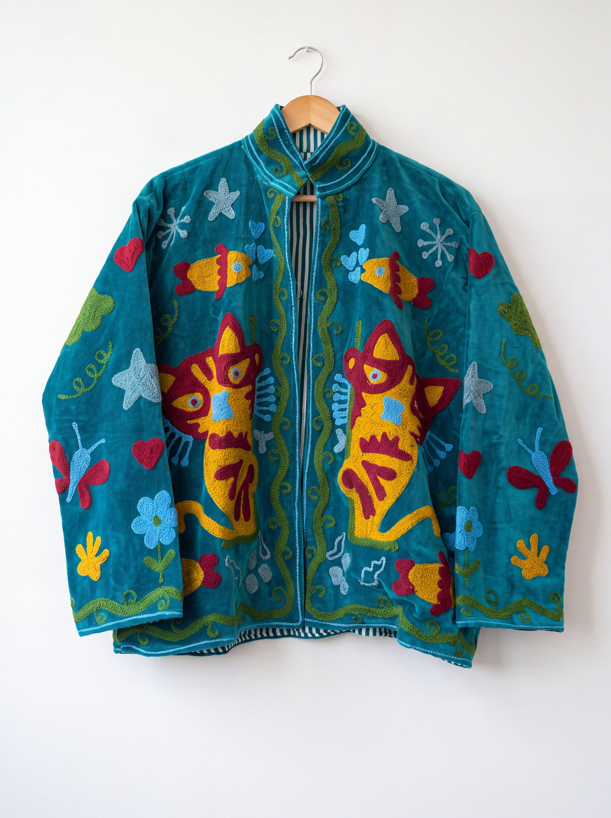 Teal Meow Embroidered Velvet Suzani Jacket