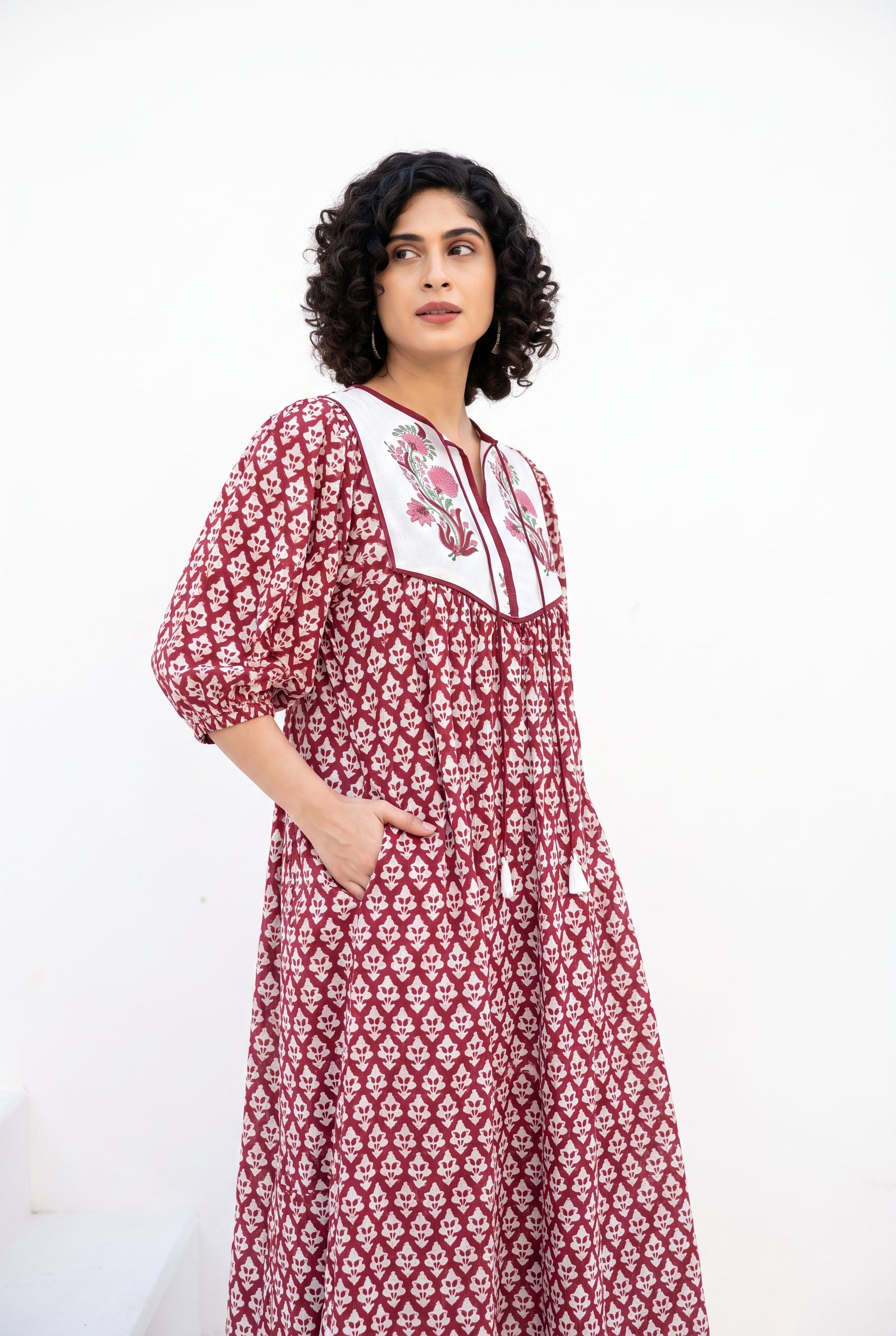 Crimson Garden Cotton Printed Buta Dress