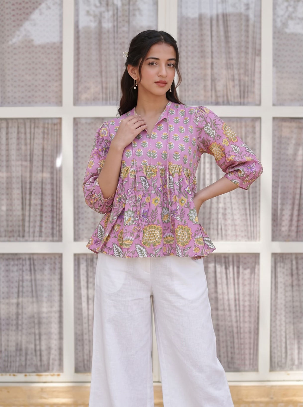 Pink Bloom Handblock Peplum Top