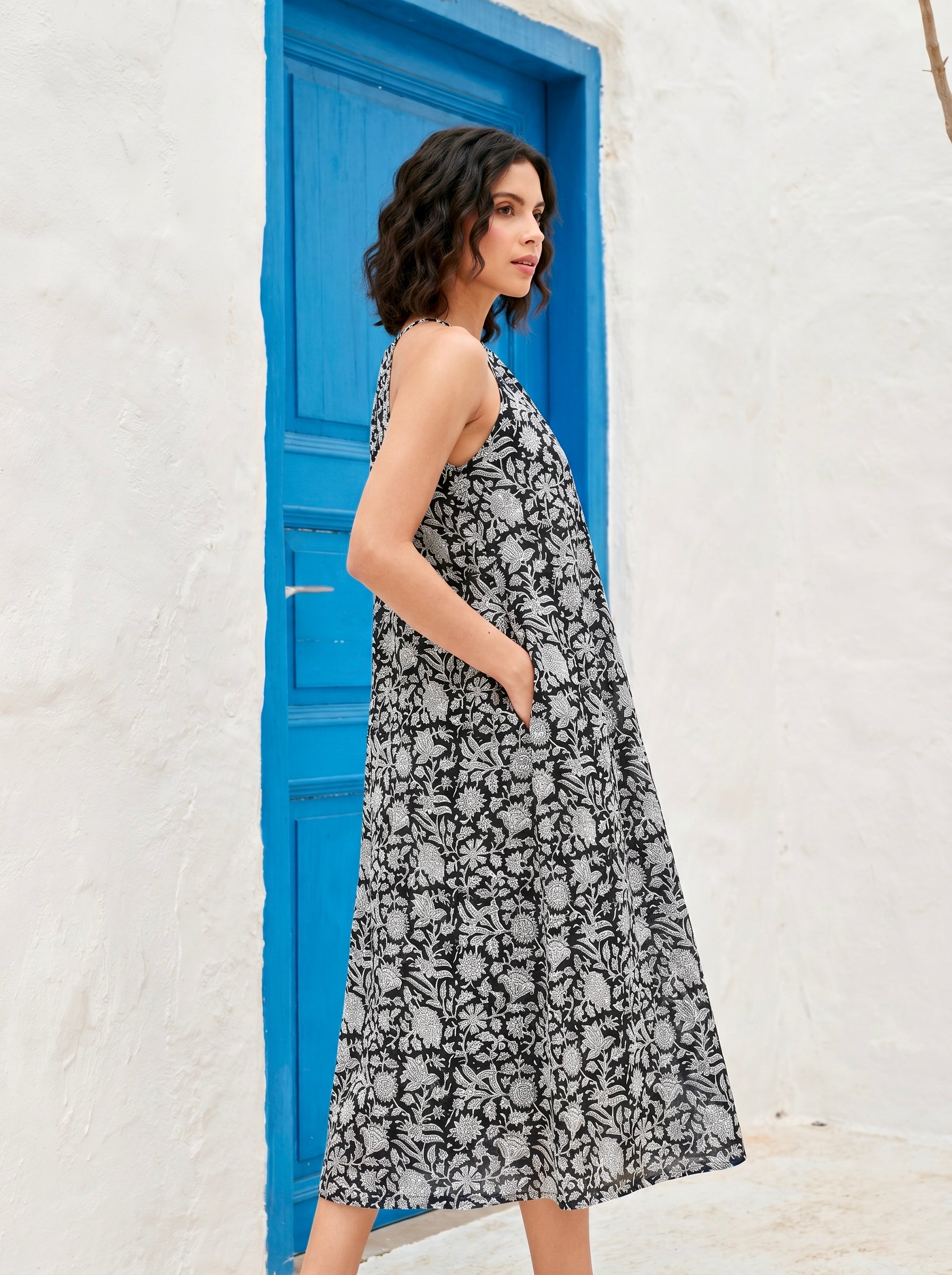 Midnight Bloom Cotton Halter Maxi Dress