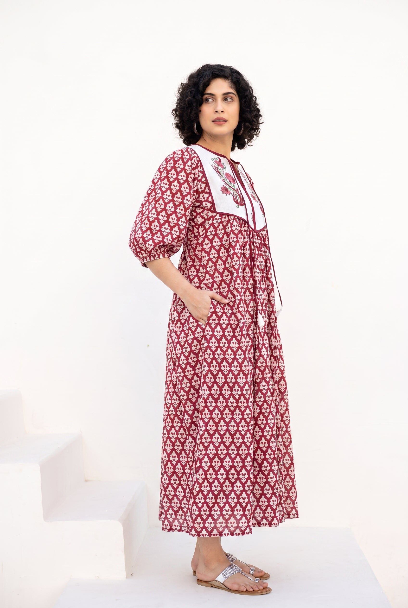 Crimson Garden Cotton Printed Buta Dress